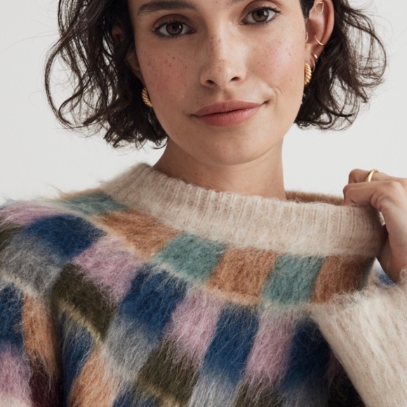 Madewell Brushed Checkerboard Fair Isle Oversized Sweater Ivory Multi Women’s S - Picture 6 of 12